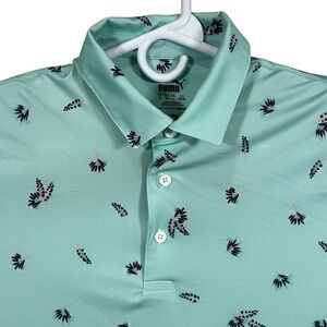 Puma Golf Mens Mint Green Tropical Leaf Print Performance Polo Shirt Size M Rare
